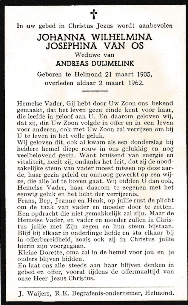 Os Johanna 1905 Helmond 1962, Verzamelen, Bidprentjes en Rouwkaarten, Ophalen of Verzenden, Bidprentje