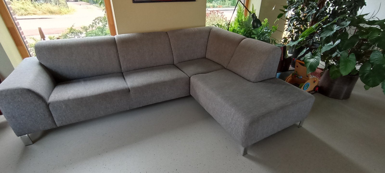 Hoekbank in gemêleerd grijze stof, Ophalen, Gebruikt, Stof