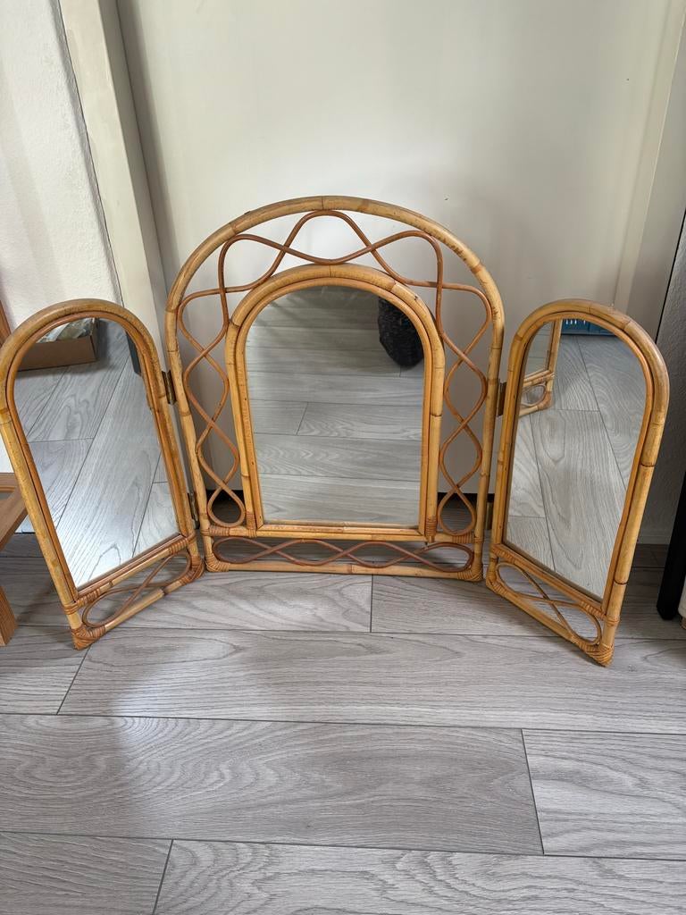 Vintage rotan spiegel - drieluik, Antiek en Kunst, Antiek | Spiegels, Ophalen, Overige vormen, 50 tot 100 cm, Minder dan 100 cm