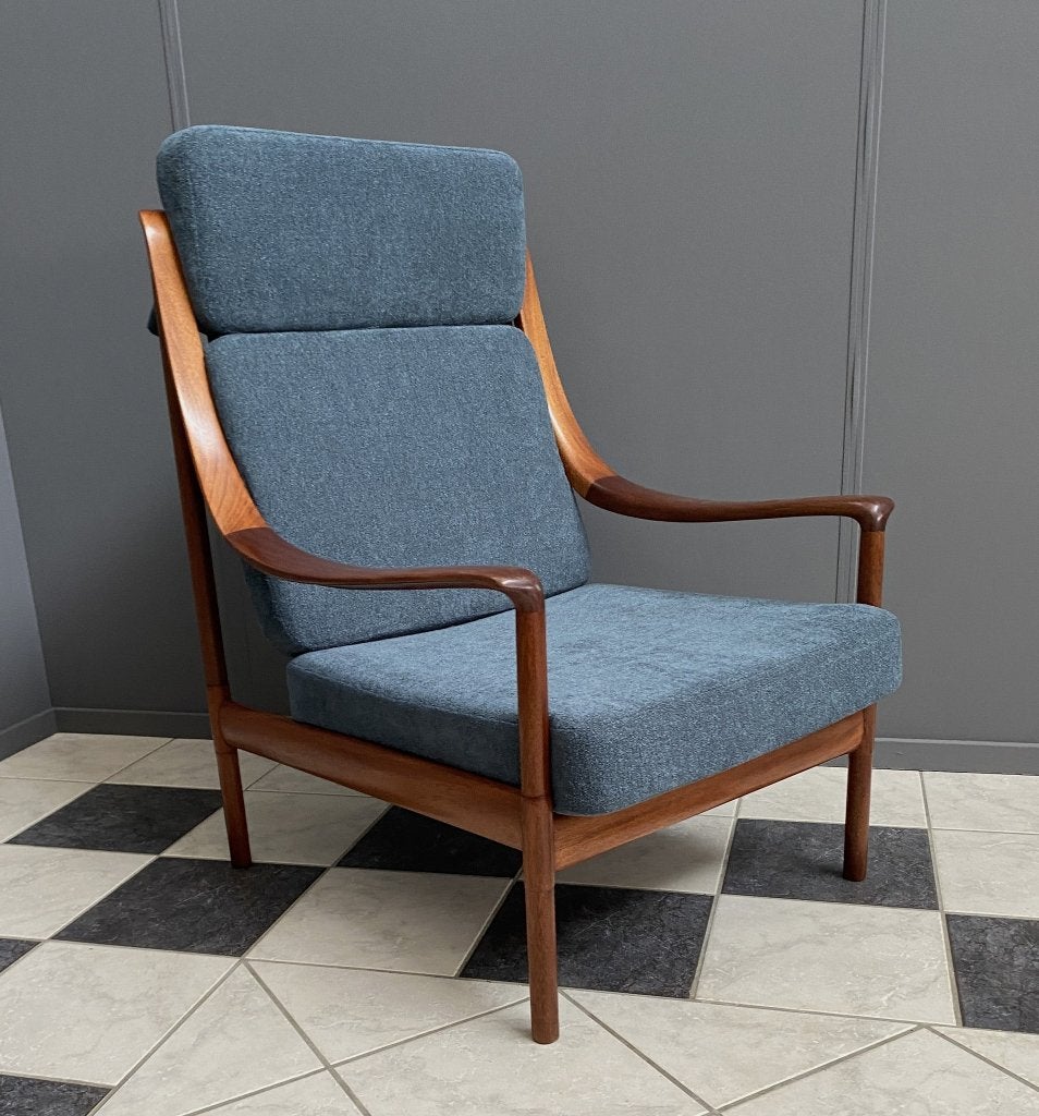 60 jaren hoge rug Wilhelm Knoll teak fauteuil grijs blauw, Ophalen, 75 tot 100 cm, Stof, 50 tot 75 cm