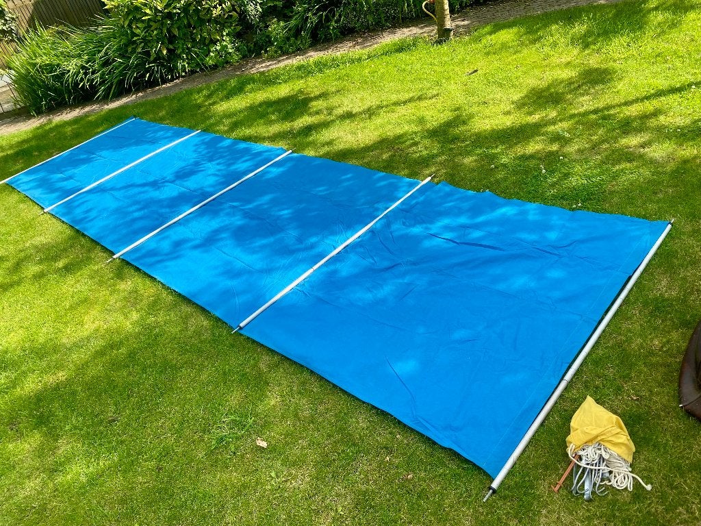 Blauw vintage windscherm van katoen, 500 x 135 cm, Caravans en Kamperen, Windschermen, Ophalen, Zo goed als nieuw
