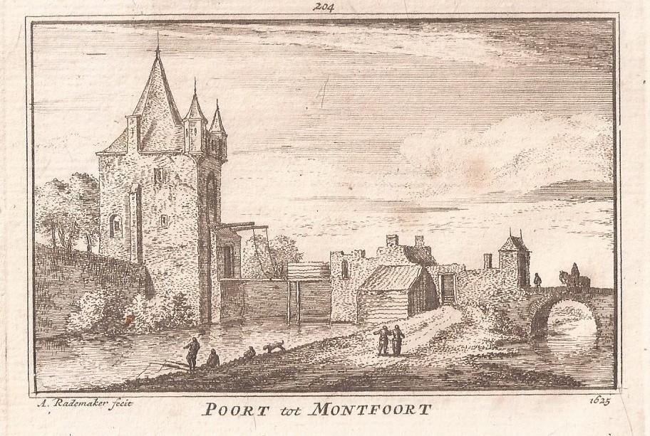 204 Poort tot Montfoort 1625 Kopergravure Abraham Rademaker, Antiek en Kunst, Kunst | Etsen en Gravures, Gravure, Blanco verso