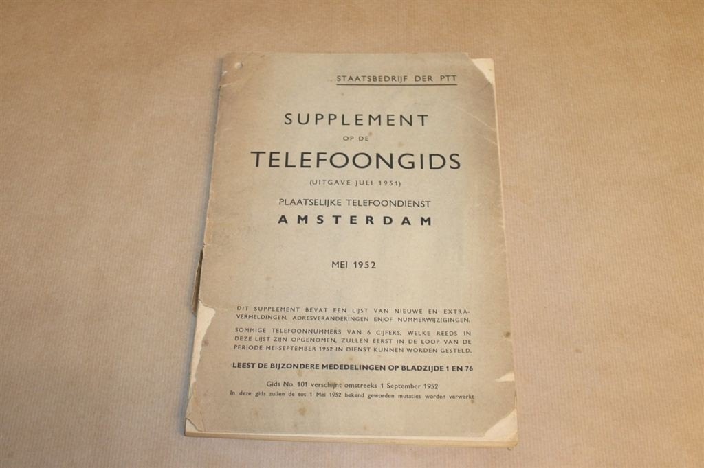 Supplement o/d Telefoongids - Amsterdam - 1952 !!, Boeken, Ophalen of Verzenden, Zo goed als nieuw