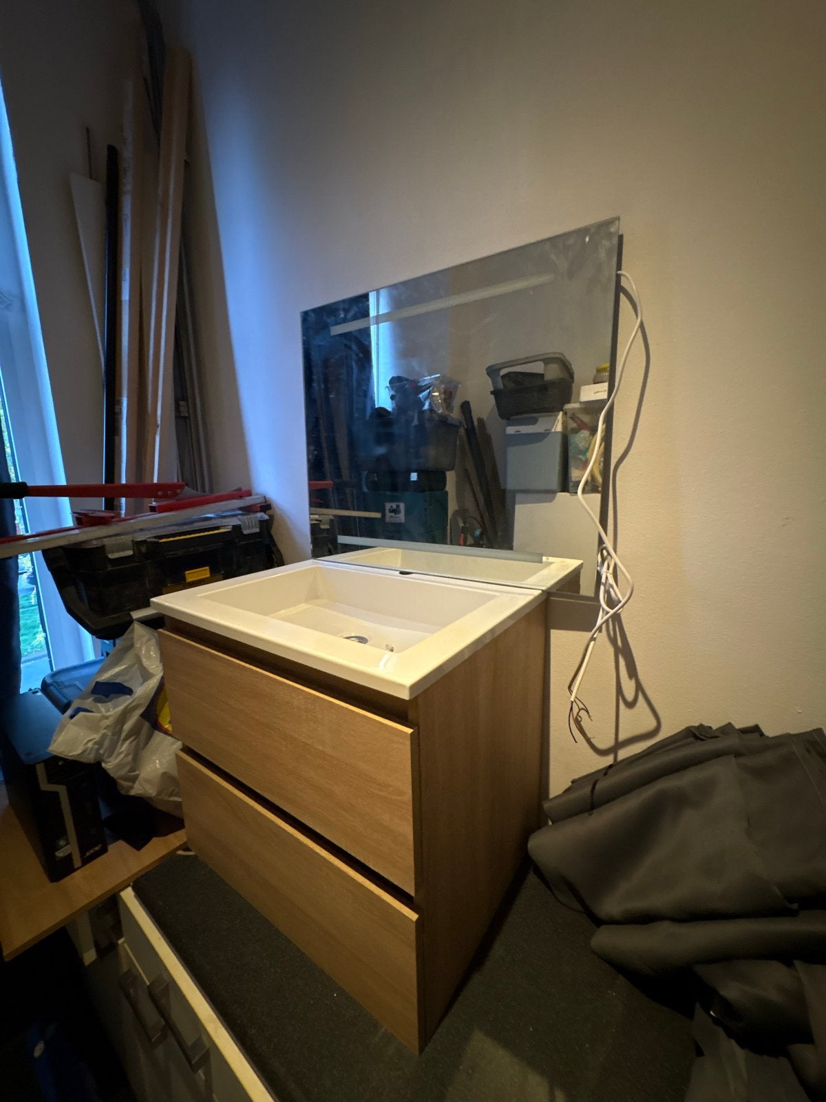 Complete Badkamerset: Meubel, Wastafel & Spiegel (Houtlook), Ophalen, Gebruikt