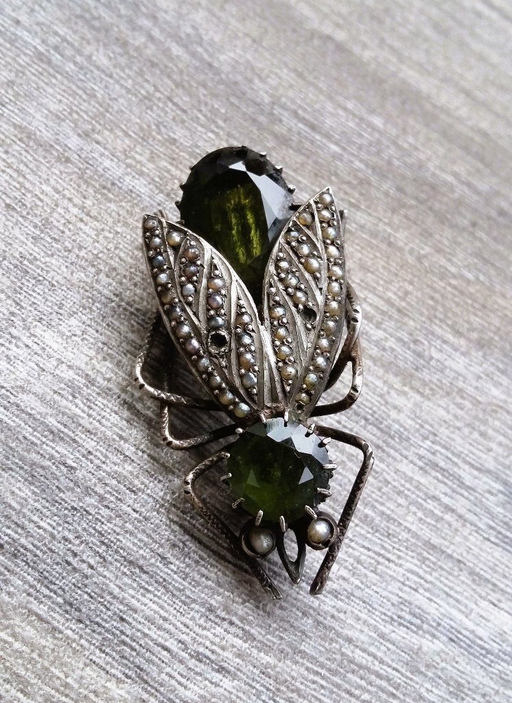 Om 1875-1910 Belle Époque Zilveren Vlieg Insect Broche Speld