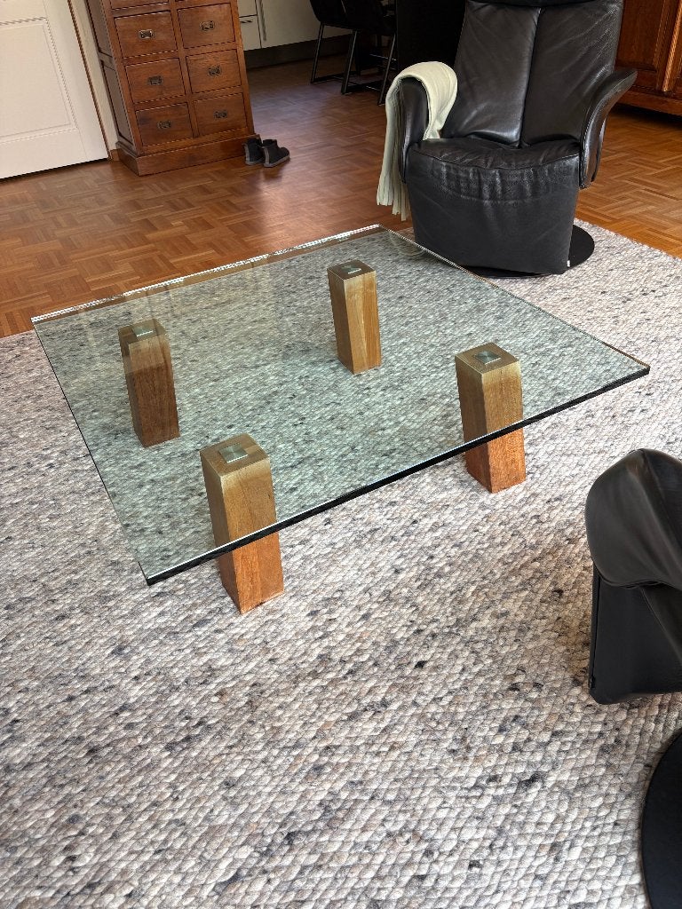 Vierkante salontafel glas met houten poten, Ophalen, Glas, Gebruikt, Vierkant