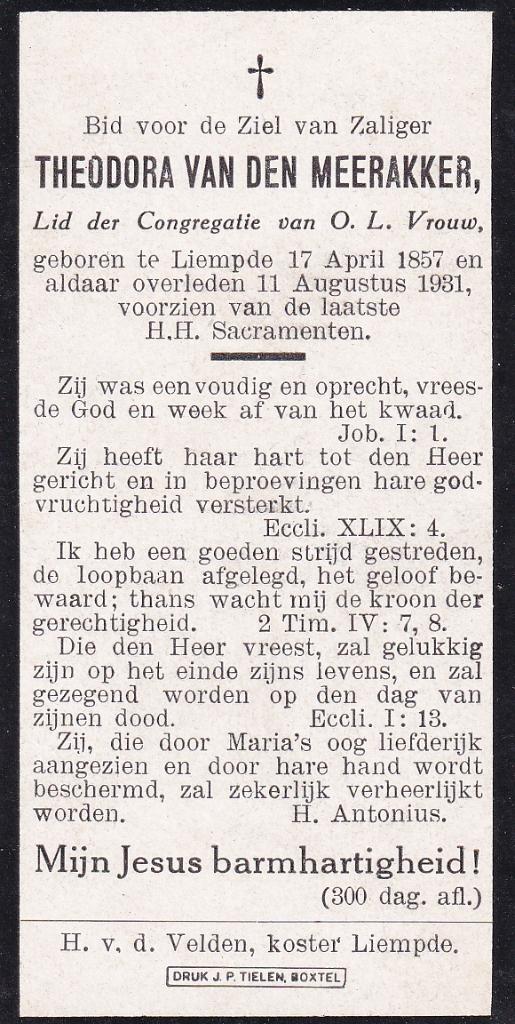 Meerakker Theodora 1857 Liempde 1931, Ophalen of Verzenden, Bidprentje