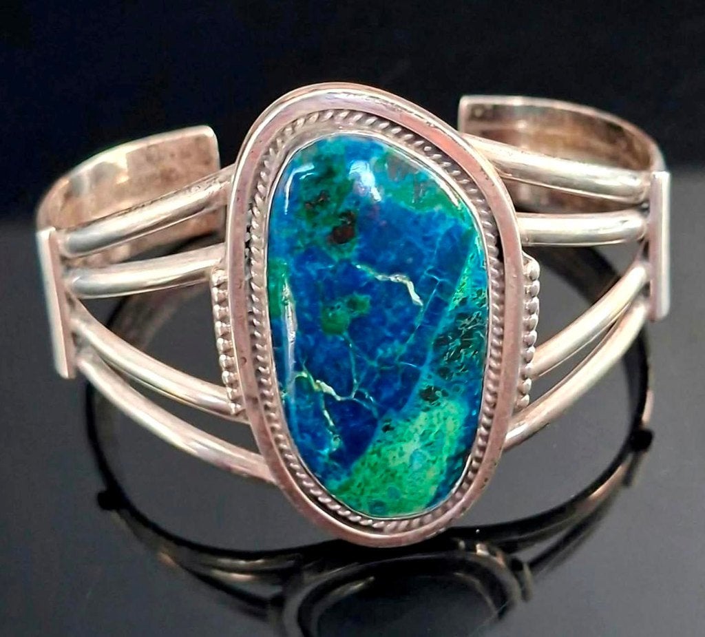 Sterling Silver Chrysocolla Cuff Bracelet Running Bear, Ophalen of Verzenden, Zilver, Armband, Met edelsteen