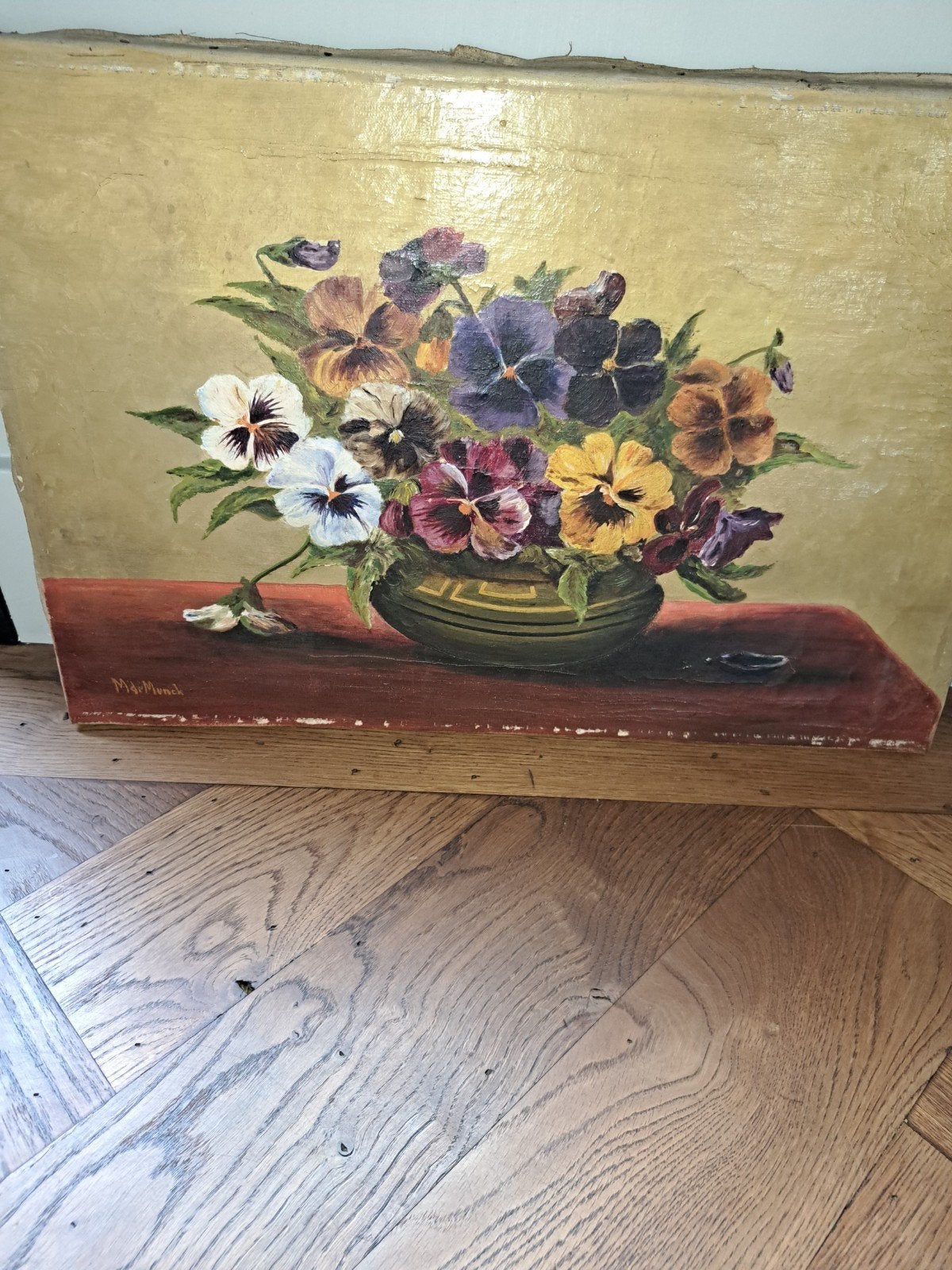 Antiek schilderij viooltjes in vaas, 59.5x40 cm, Antiek en Kunst, Kunst | Schilderijen | Klassiek, Bloemen, Doek, Ophalen of Verzenden