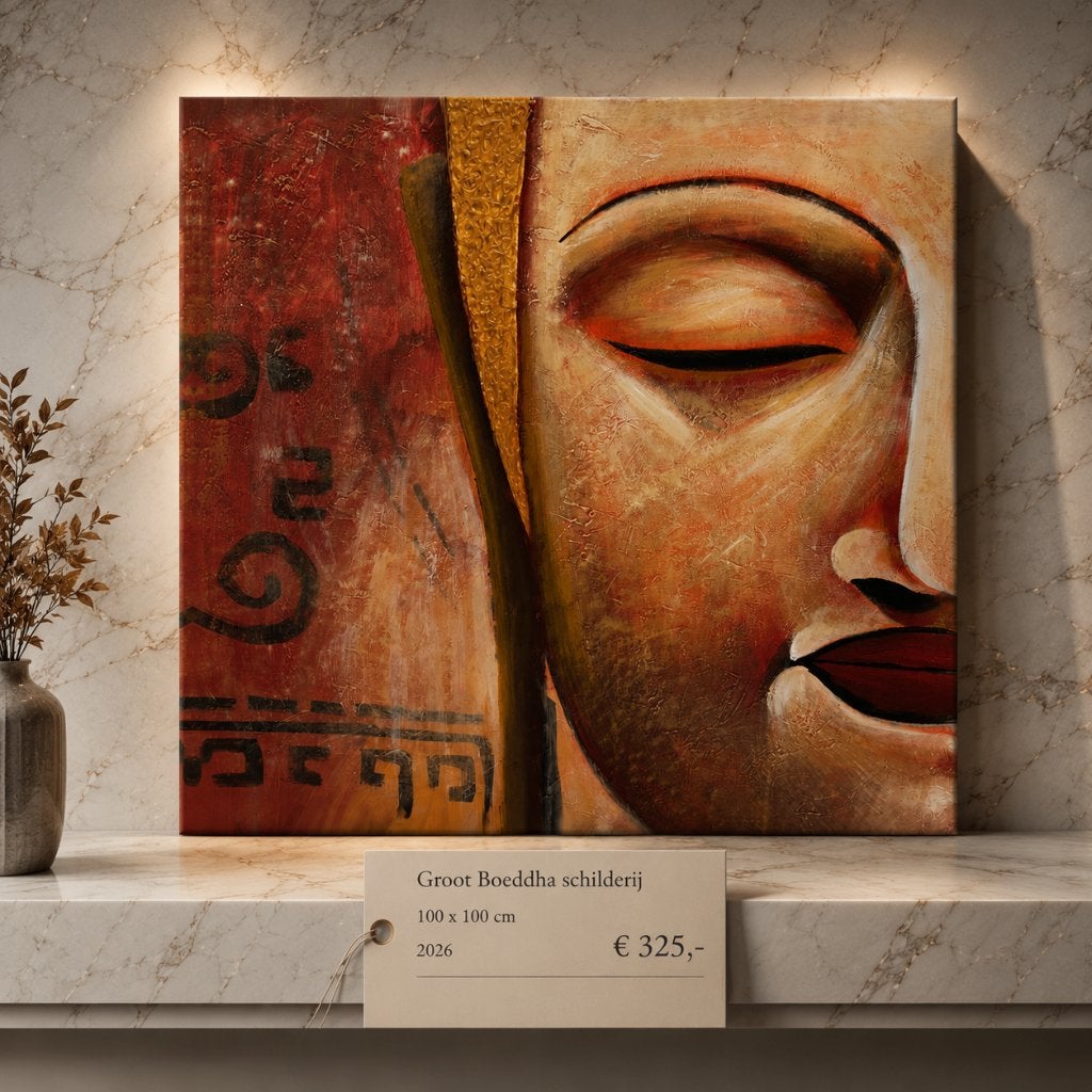 Groot Boeddha schilderij 100x100, Ophalen, Figuren, Op houten frame, Gemengde techniek