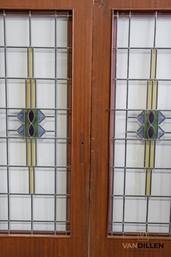 Antieke set deuren glas in lood openslaand 201 x 78, 120 cm of meer, Binnendeur, Ophalen of Verzenden, Zo goed als nieuw