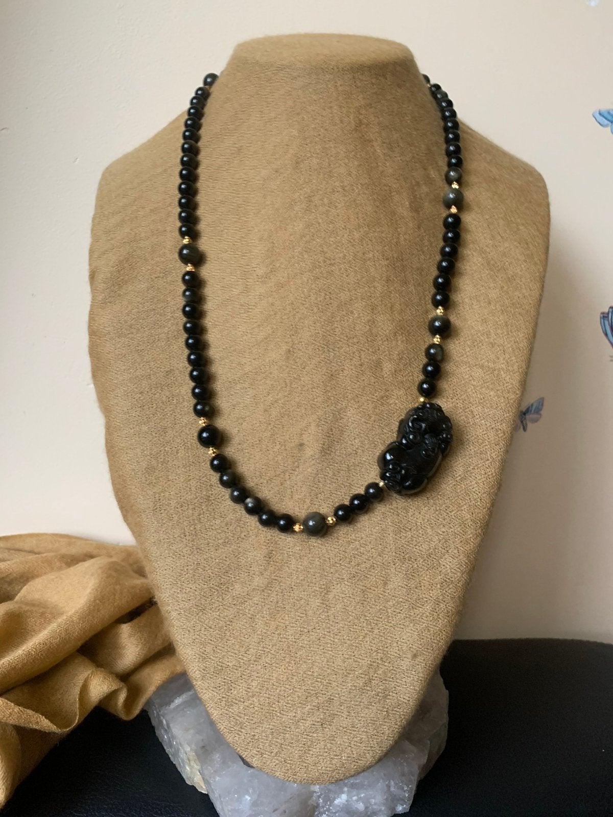 Obsidiaan pixiu amulet beschermt geluk inzicht moed uniek, Sieraden, Tassen en Uiterlijk, Kettingen, Zwart, Nieuw, Ophalen of Verzenden