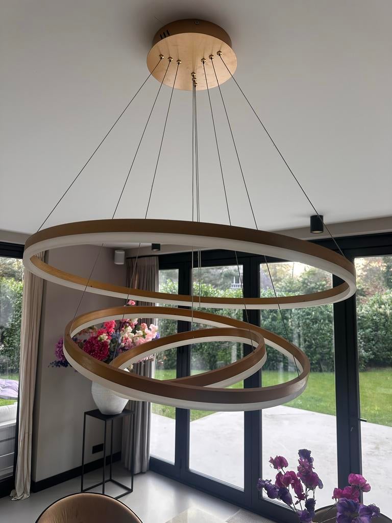 Moderne Gouden Cirkel Hanglamp met Ringen, Huis en Inrichting, Lampen | Hanglampen, Ophalen of Verzenden, Zo goed als nieuw, Metaal