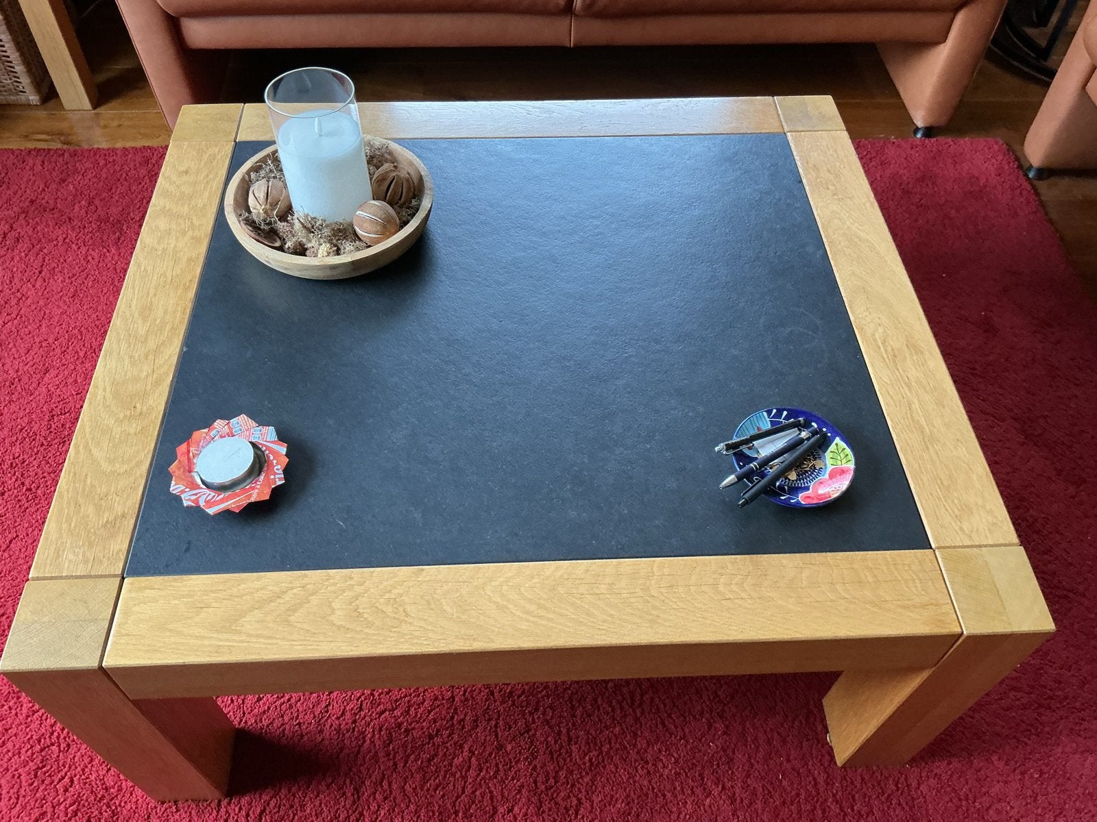 Salontafel van eikenhout met leistenen blad, Ophalen, Gebruikt, 50 tot 100 cm, 5 – 50