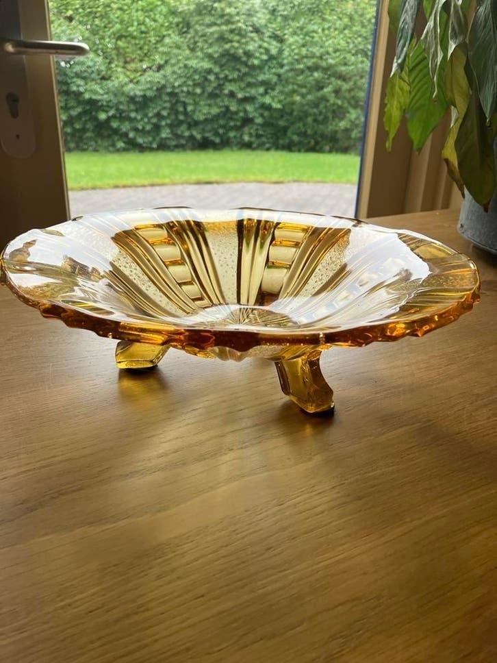 Antieke Walther Glas Fruitschaal - Amber, Jaren '30, Antiek en Kunst, Antiek | Glas en Kristal, Ophalen of Verzenden
