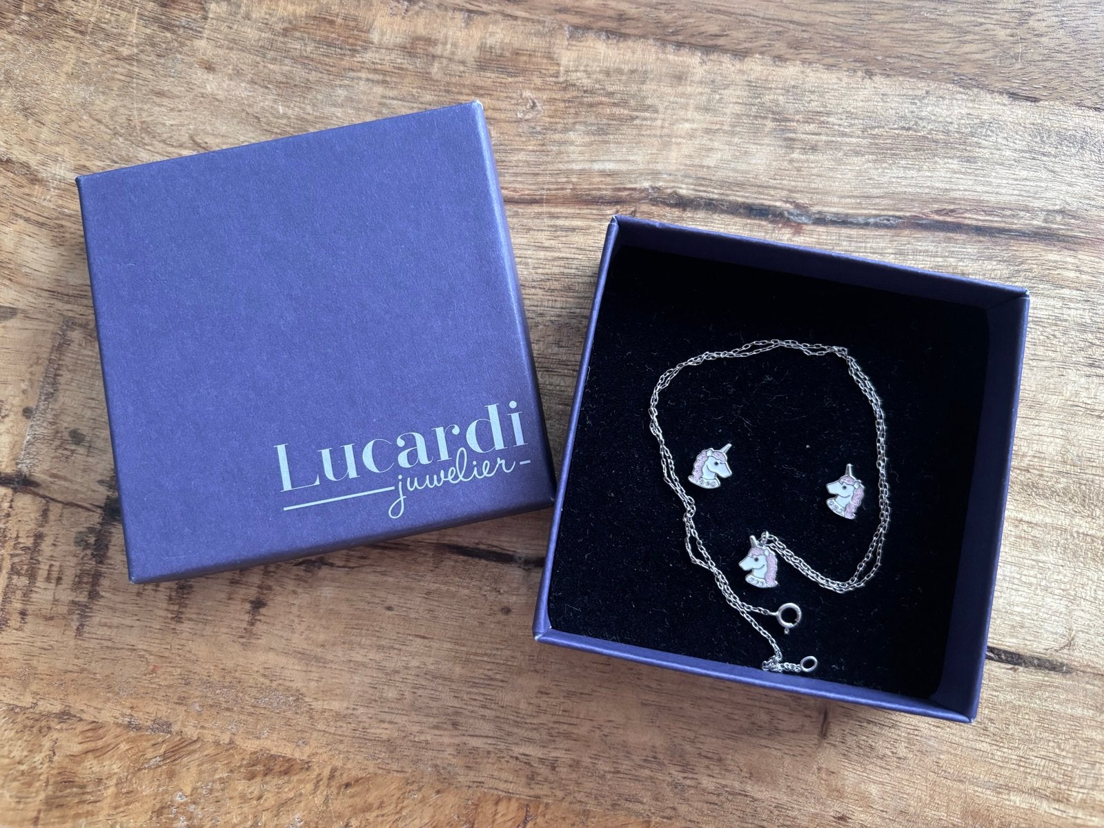 Lucardi Eenhoorn Sieradenset: Ketting en Oorbellen, Ophalen, Nieuw, Zilver, Ketting