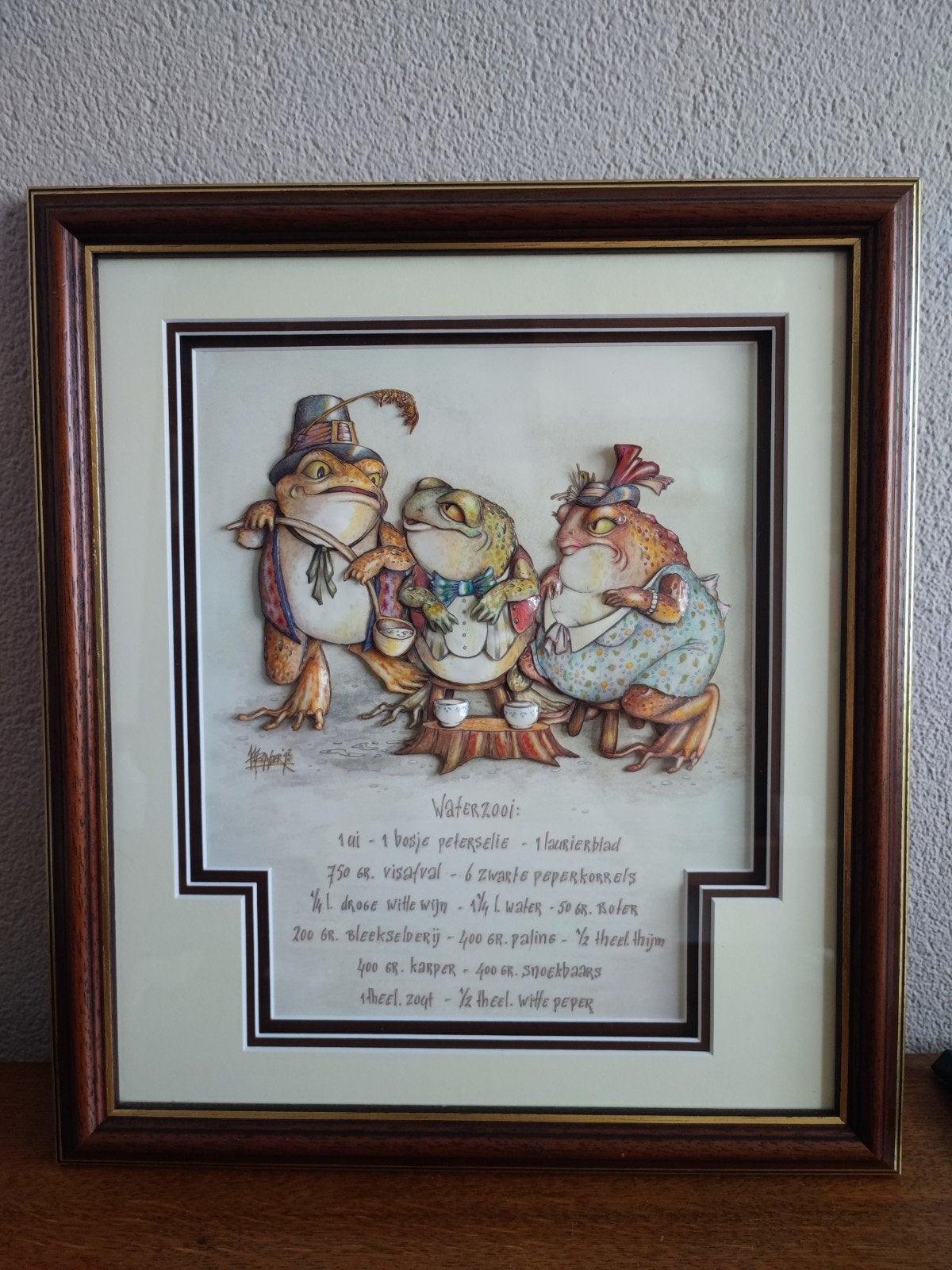 3D schilderij: Kikkers aan de eettafel met recept, Ophalen of Verzenden, Overige typen, Gemengde techniek, Ingelijst
