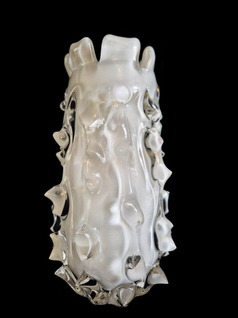 Schitterende bijzondere vintage mondgeblazen Murano vaas, Gebruikt, Handgemaakt, Wit, Ophalen of Verzenden