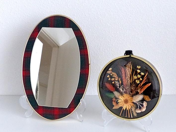 Vintage lijst bolglas droogbloemen en spiegel Schotse ruit, Antiek en Kunst, Curiosa en Brocante, Ophalen of Verzenden