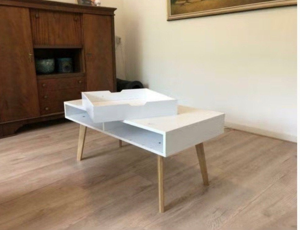 Wit houten Scandinavische salontafel, Ophalen, Rechthoekig, 100 tot 150 cm, 50 tot 100 cm