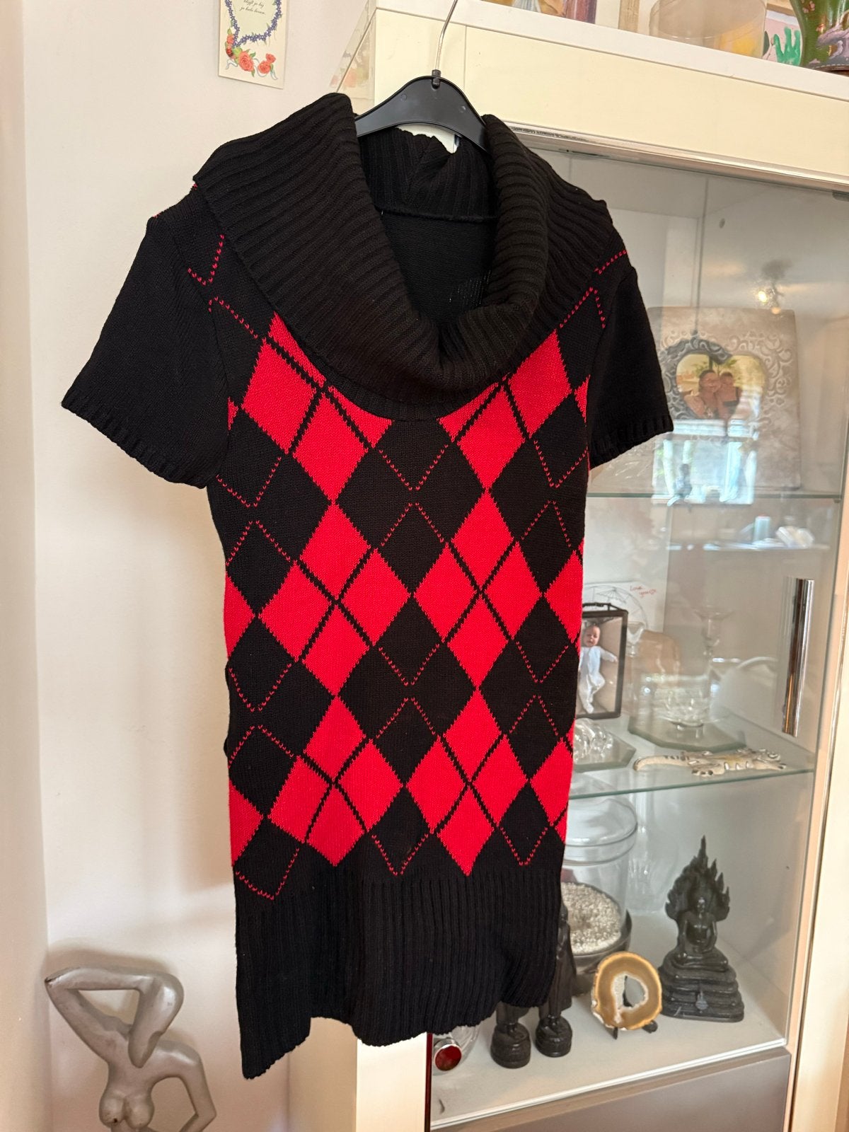 Argyle Trui Jurk Rood Zwart Coltrui Korte Mouw maat M, Ophalen of Verzenden, Zo goed als nieuw, Maat 38/40 (M), Rood