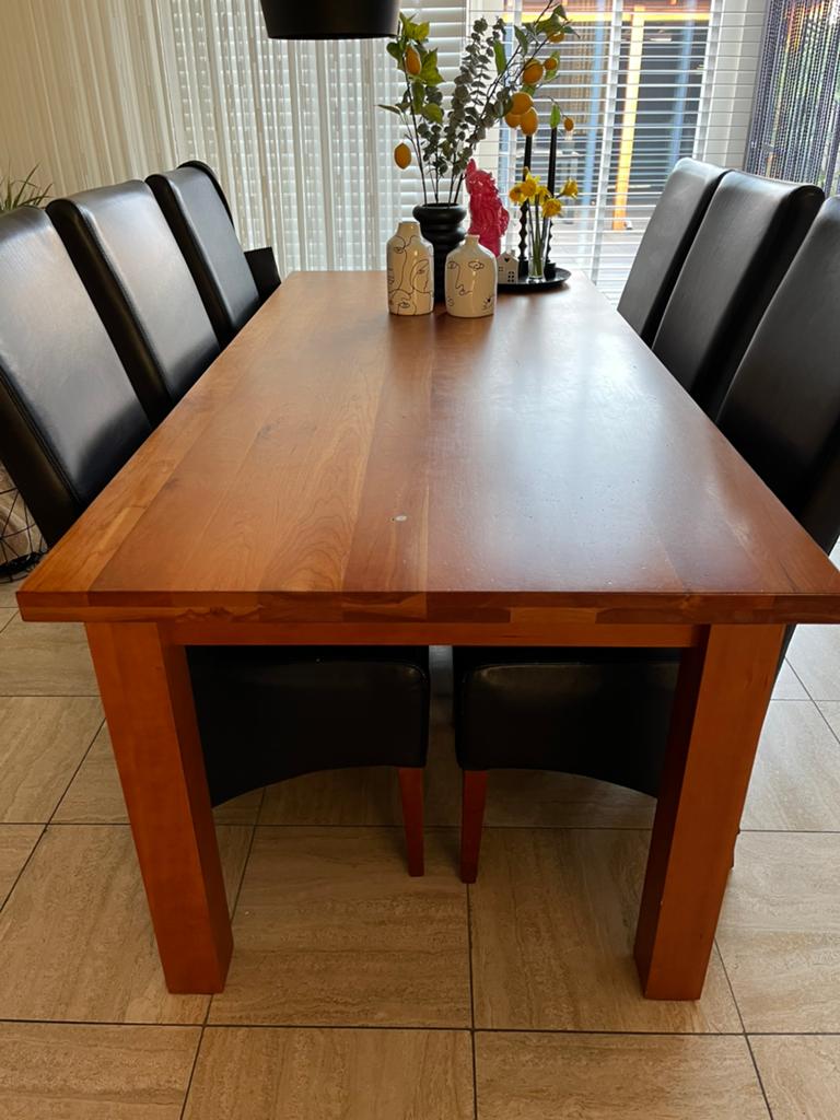 Eettafel kersenhout 200x90cm met 6 leren eetkamerstoelen, Ophalen, Gebruikt, 4 tot 6 stoelen