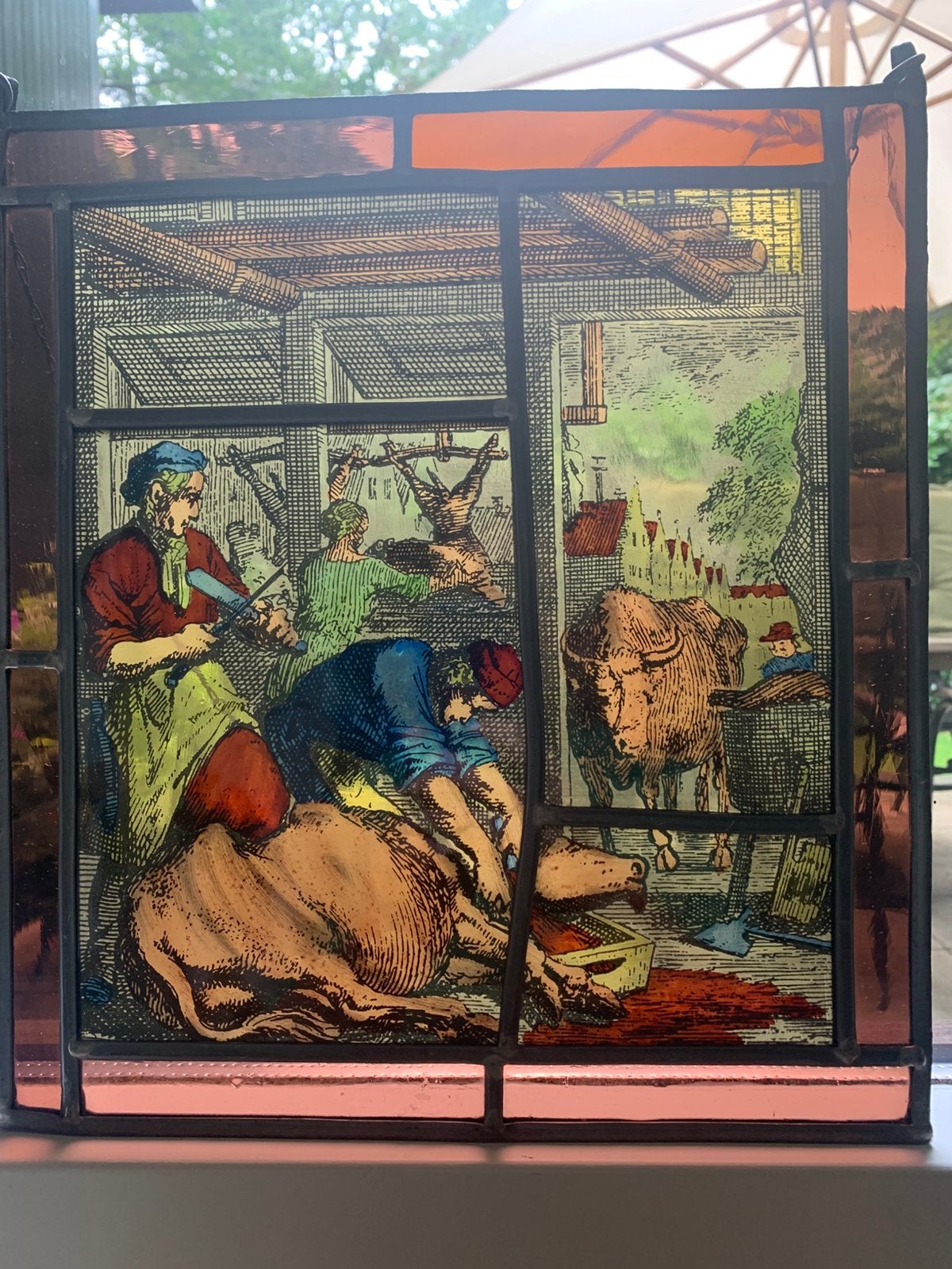 Glas in glas in lood ambachtspaneel slager, Ophalen of Verzenden, Gebruikt, Minder dan 50 cm, Schilderij