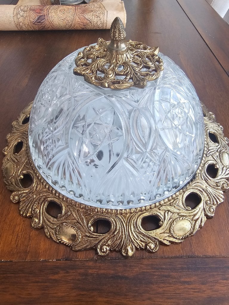 Hollywood Regency Plafonnière – Messing & Geslepen Kristal, Antiek, Ophalen of Verzenden, 29 cm, Glas