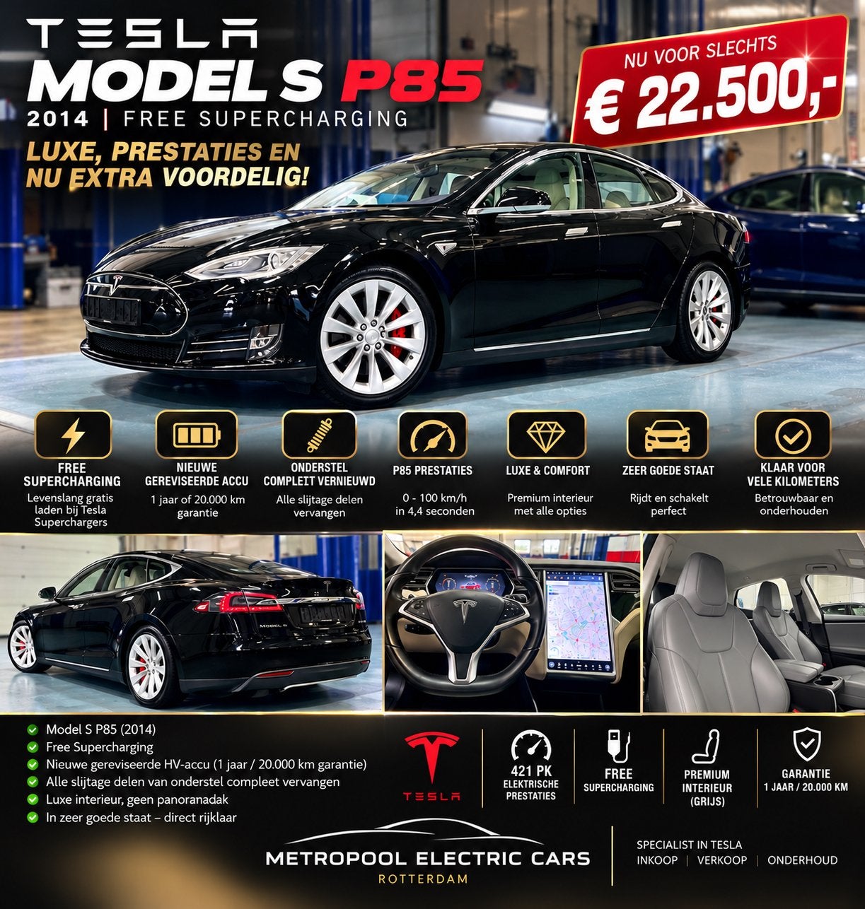Tesla Model S 2014 Free supercharging, Auto's, Model S, Zwart, Origineel Nederlands, Elektrisch