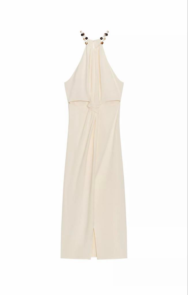 Zara Gele Maxi Jurk met Kralenbandjes en Split - Maat S, Geel, Nieuw, Ophalen of Verzenden, Maat 36 (S)