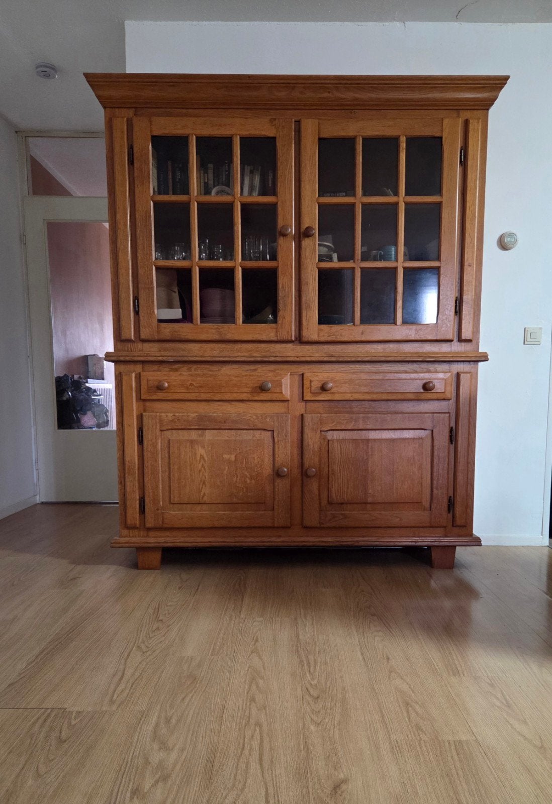 Vintage eikenhouten 2-delige kast met glas en lades, Ophalen