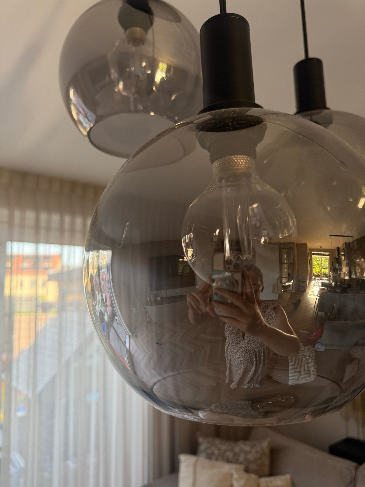 Set van 2 design lampen met smoke glas bollen (3 en 4 bollen, Ophalen, Zo goed als nieuw, Glas