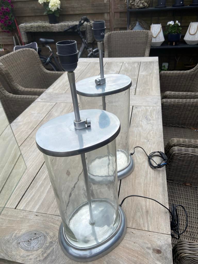 2 Glazen lampvoeten met zilveren accenten - decoratief, Ophalen, Gebruikt, 62 cm hoog 26 breed
