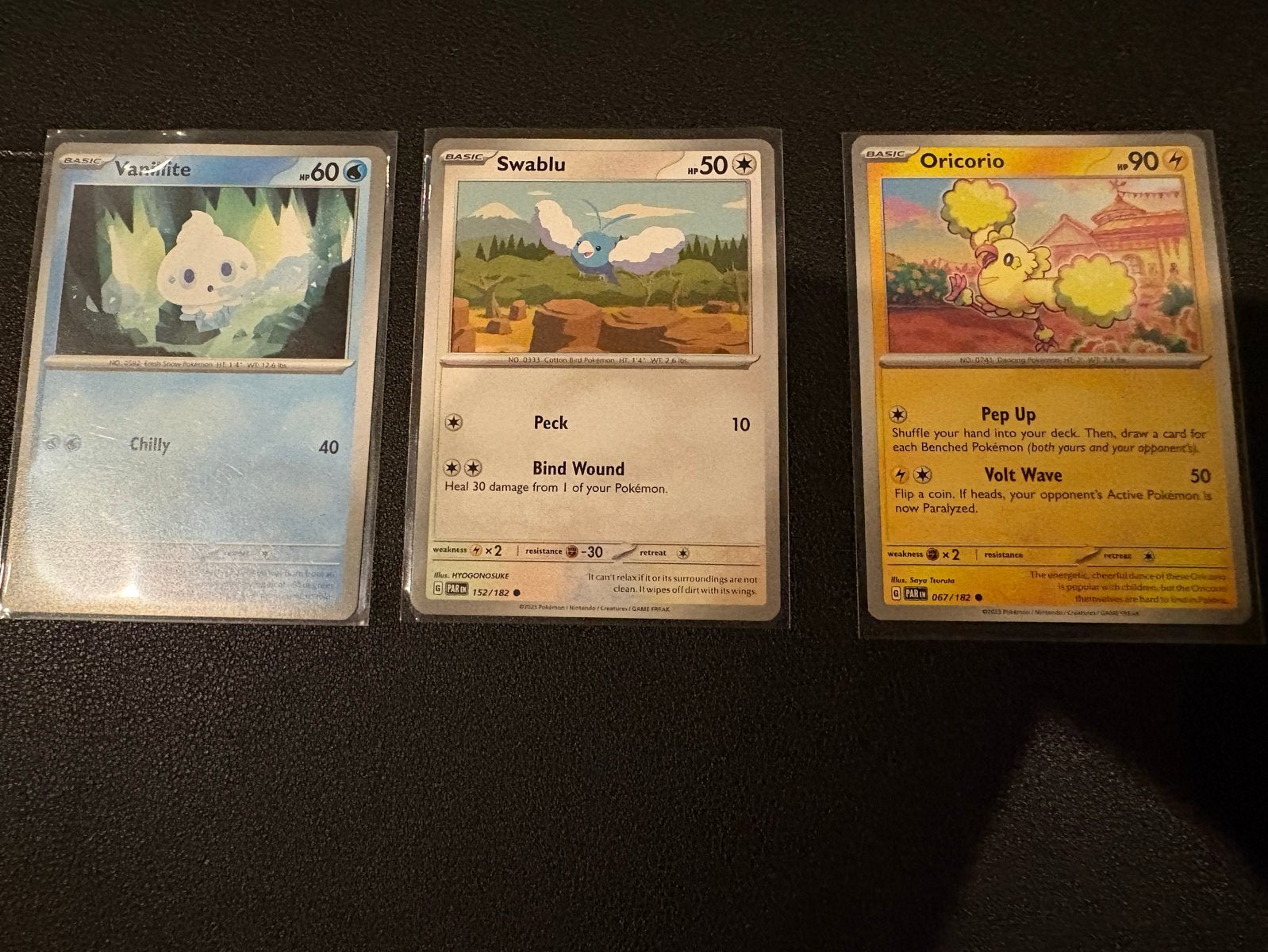 Pokémon Kaarten: Vanillite, Swablu, Oricorio (3 stuks), Ophalen of Verzenden, Zo goed als nieuw, Meerdere kaarten