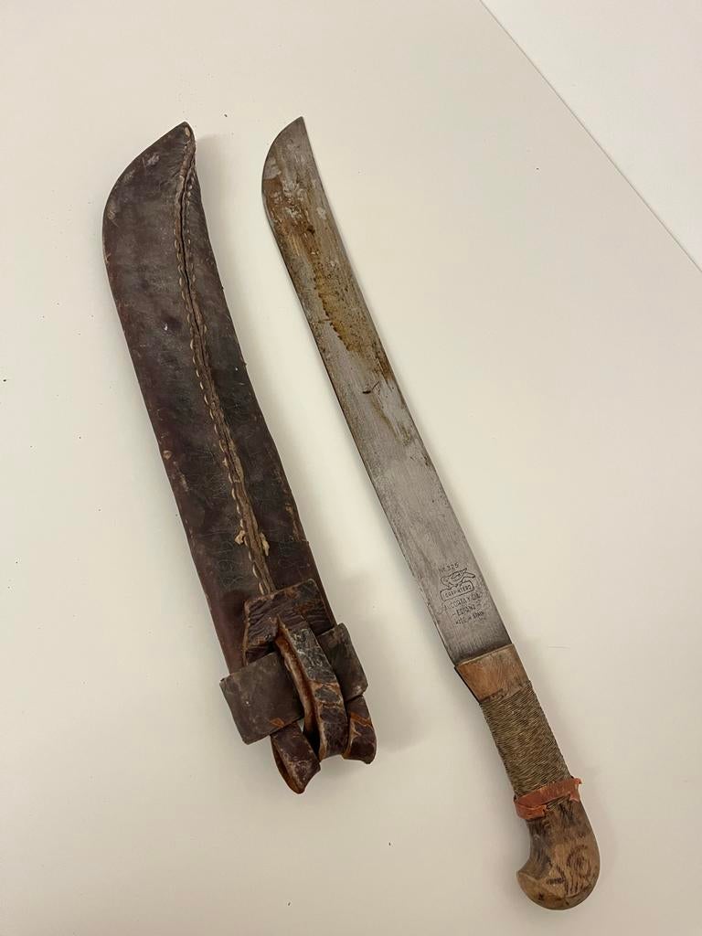 Vintage Spaanse Machete met Leren Schede, Antiek en Kunst, Ophalen of Verzenden