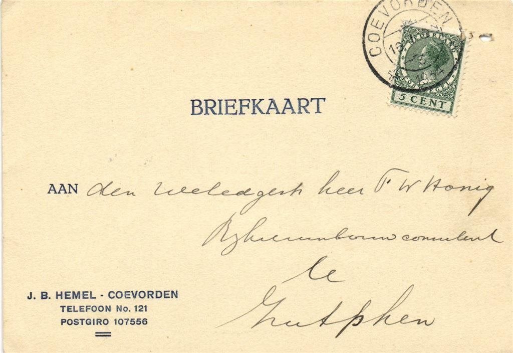 J.B. Hemel - Coevorden - 01.1934 - briefkaart, Postzegels en Munten, Ophalen of Verzenden, Briefkaart