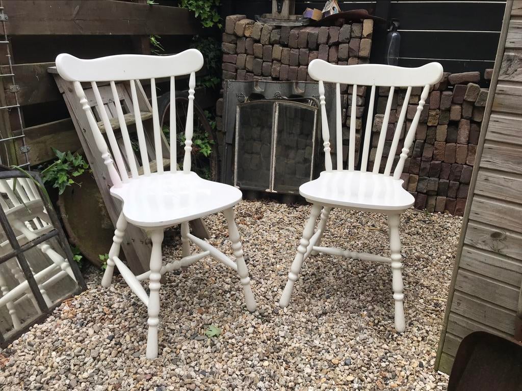 Witte pinstoelen, stoel met spijlen, 2 stuks, Huis en Inrichting, Stoelen, Ophalen, Gebruikt, Twee, Wit