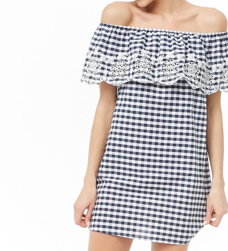 Checkered off shoulder dress (Forever 21), Blauw, Nieuw, Ophalen of Verzenden, Forever 21