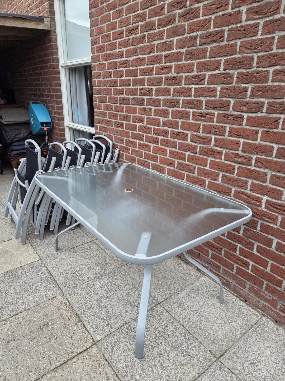 Tuinset: 6 verstelbare stoelen en glazen tafel, Ophalen, Gebruikt, 6 zitplaatsen, Aluminium