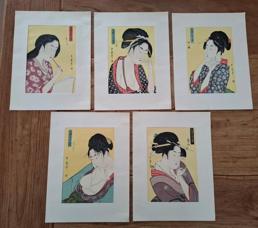 Kitagawa Utamaro Hokkoku Goshiki Zumi - 5 Japanse Houtsneden, Antiek en Kunst, Ophalen of Verzenden