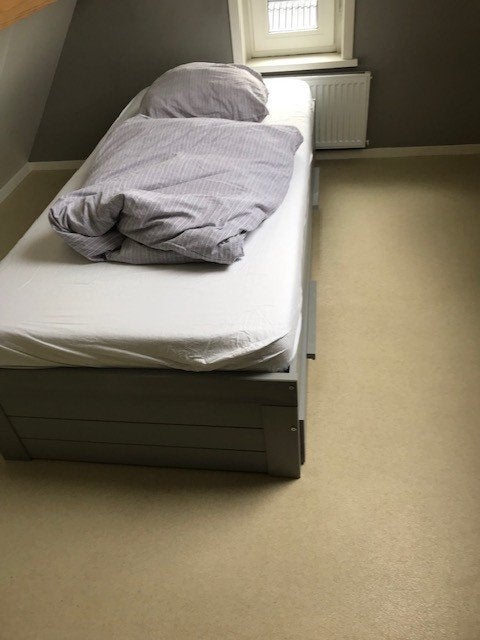 Stoer modern antraciet Woood bed met lade 90x200 cm, Ophalen, 90 cm, Eenpersoons, Stoer en modern