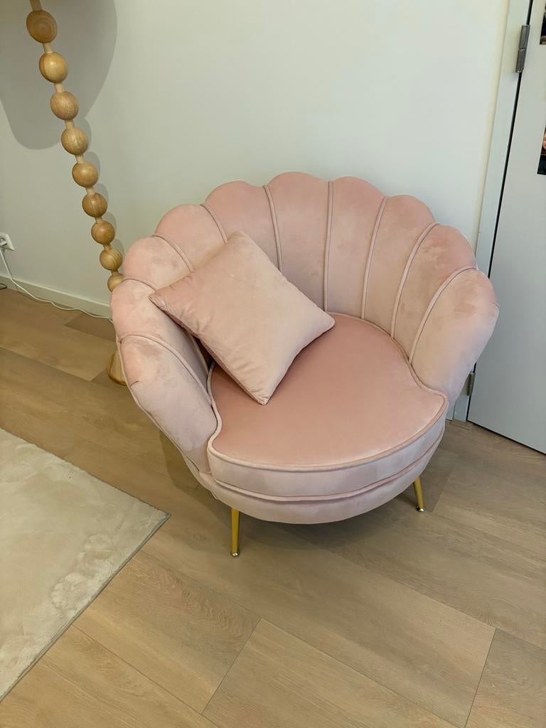 Roze schelp fauteuil - fluweel - zo goed als nieuw, Minder dan 75 cm, Ophalen of Verzenden, Zo goed als nieuw, 75 tot 100 cm
