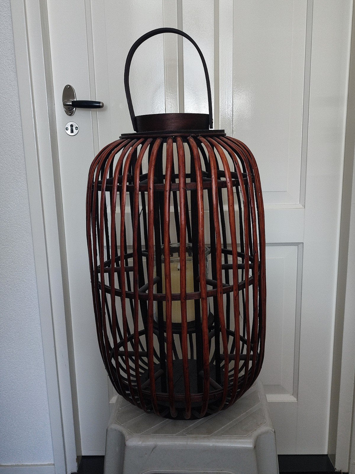 Mooi donkerbruin windlicht met batterijkaars - 60 cm, Ophalen, Zo goed als nieuw, Bruin, Natuurlijk materiaal