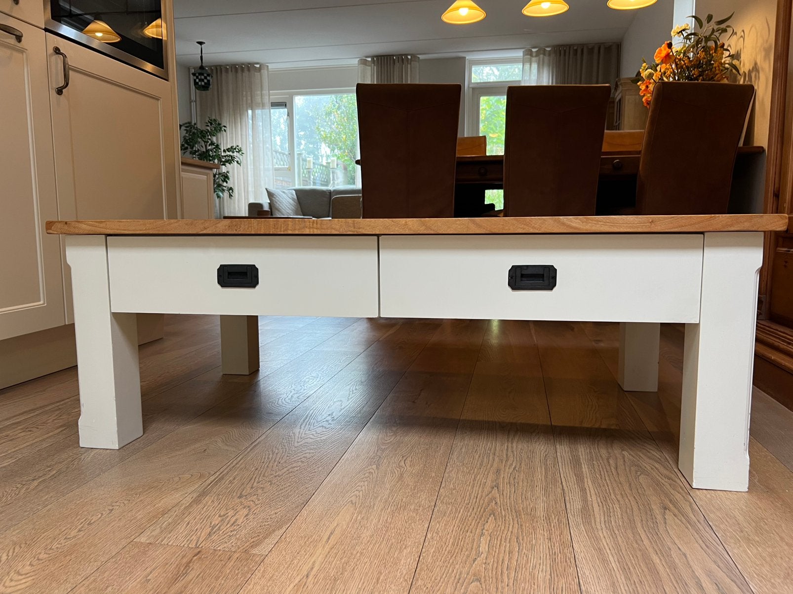 Landelijke salontafel hout De Bommel (120x70) - 4 lades, Ophalen, Gebruikt, 100 tot 150 cm, 50 tot 100 cm