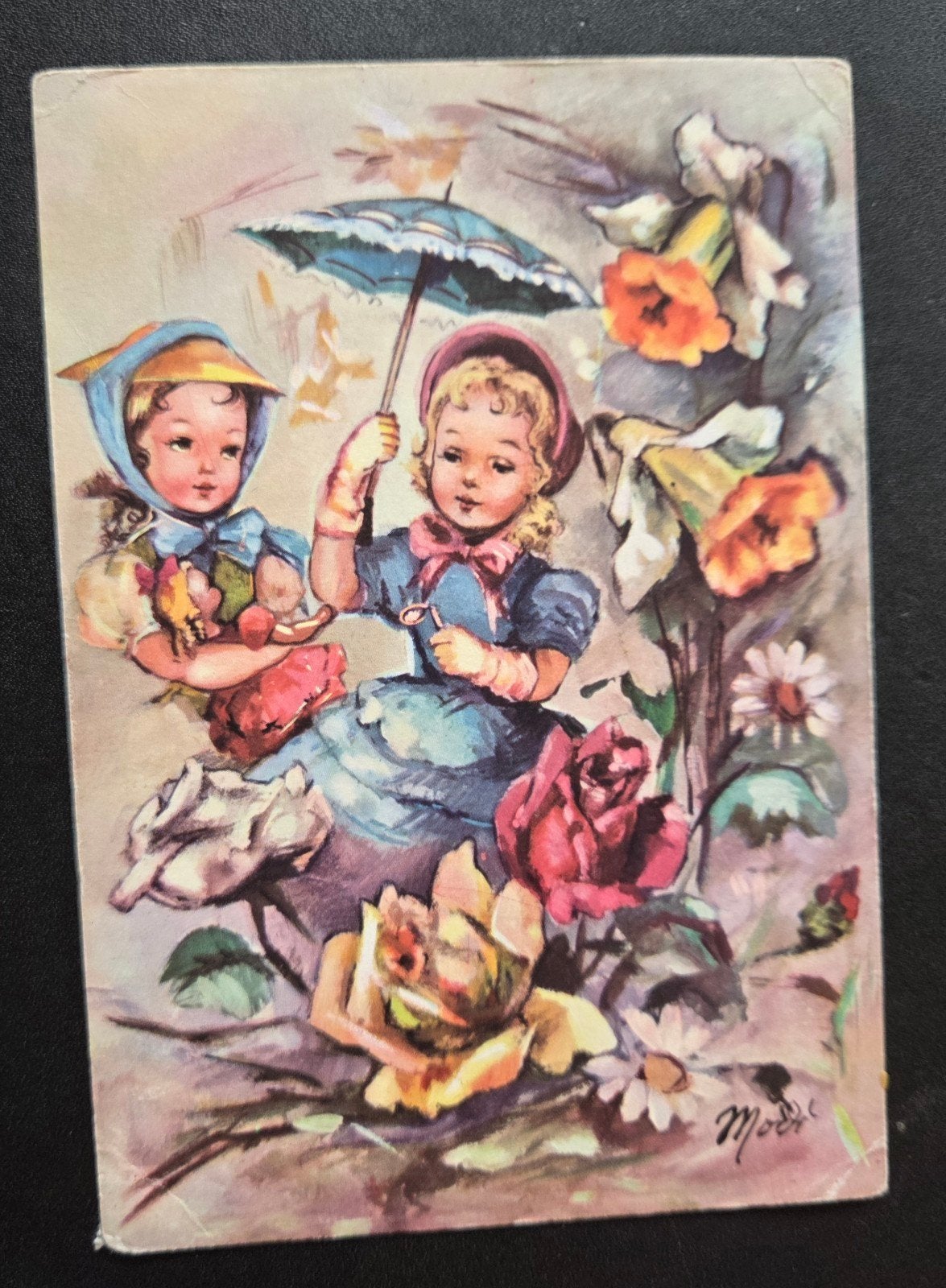Twee Meisjes met Parasol en Bloemen, Verzenden, 1960 tot 1980, Gelopen, Kinderen