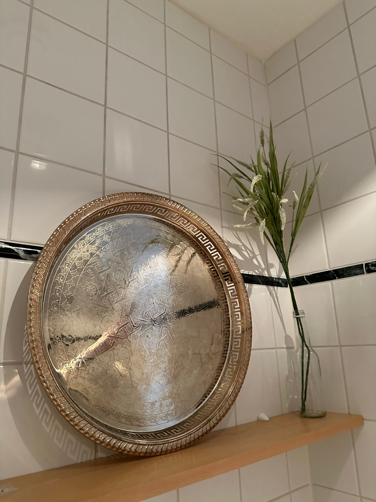 Rond metalen dienblad met Griekse rand - BavarY, Ophalen, Gebruikt, Decoratieve rand, Rond