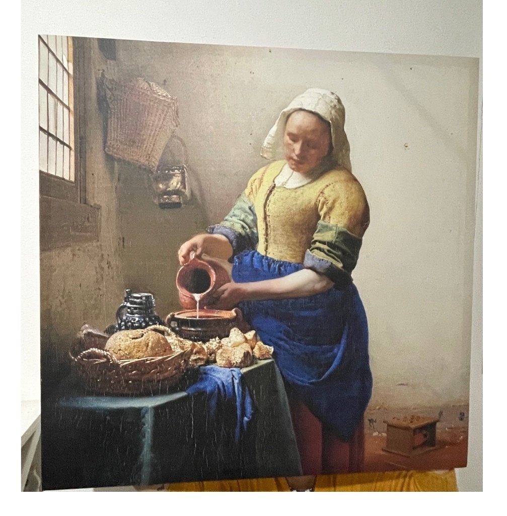 canvas schilderij Vermeer Melkmeisje 90x90cm groot, Ophalen, Zo goed als nieuw, Schilderij, 75 tot 100 cm