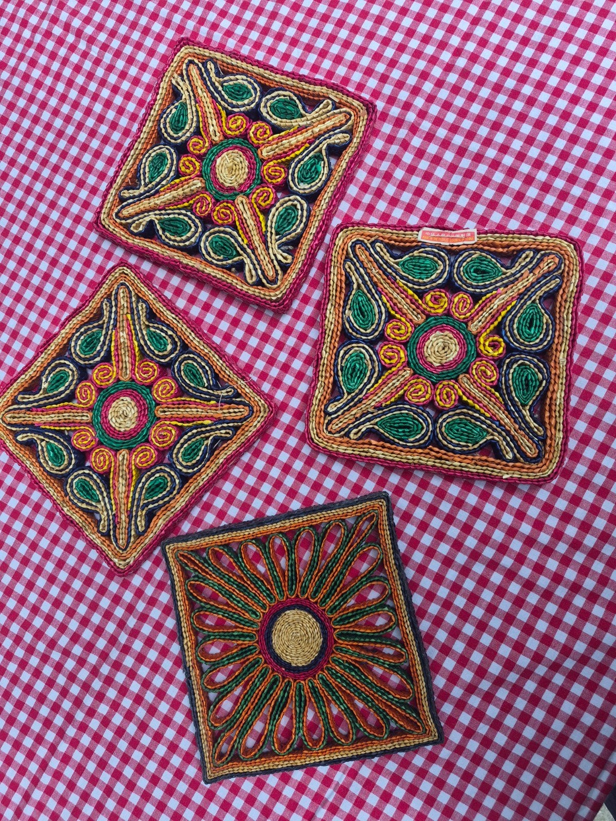 Vintage rotan onderzetters jaren '70 - set van 4, Ophalen of Verzenden, Gebruikt, Glas of Kopje