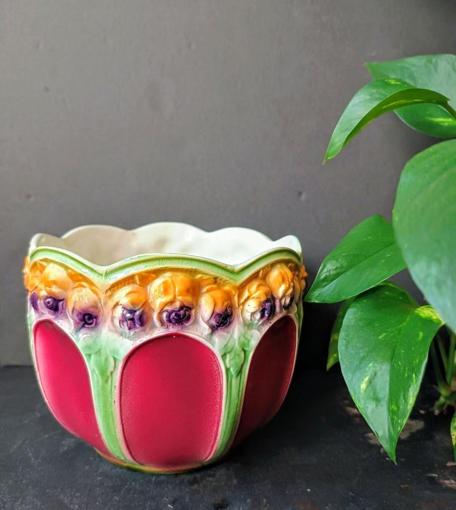 Jugendstil majolica bloempot, gemerkt Warnow, Ophalen of Verzenden