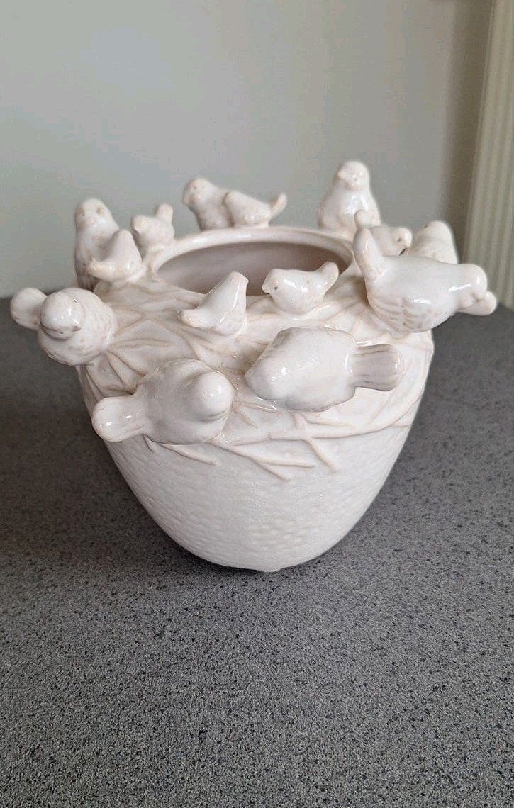 Des Pots bloemenvaas /-pot met vogels - Crème/Wit, Ophalen of Verzenden, Zo goed als nieuw, Beige